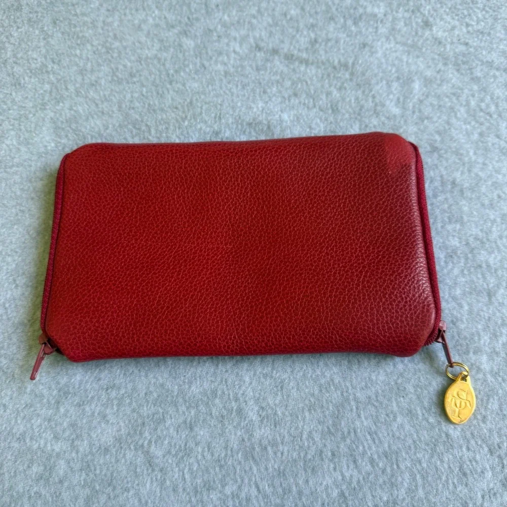 St. Thomas Red Cowhide Leather Travel Pouch‎ Storage Organizer 2 Pocket Zip Side